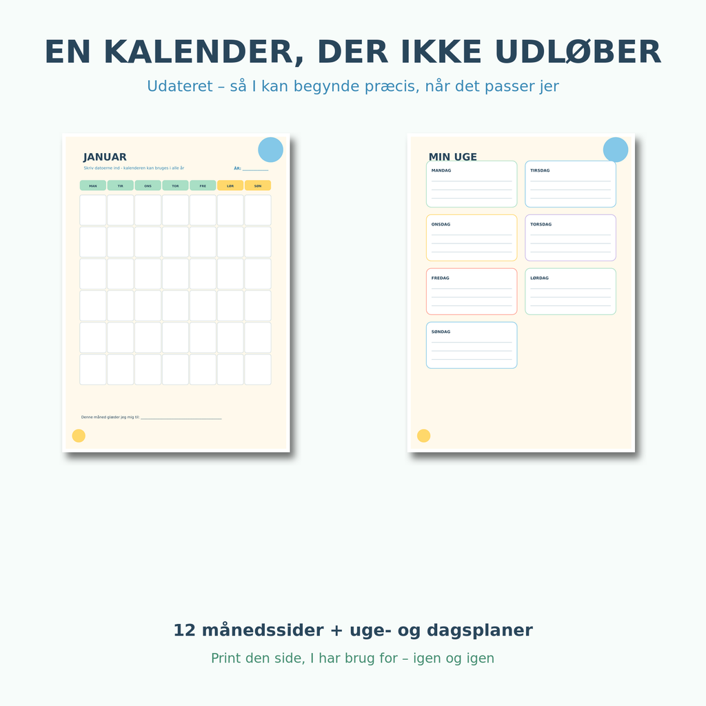 Udateret kalender, ugeplan og dagsplan til børn